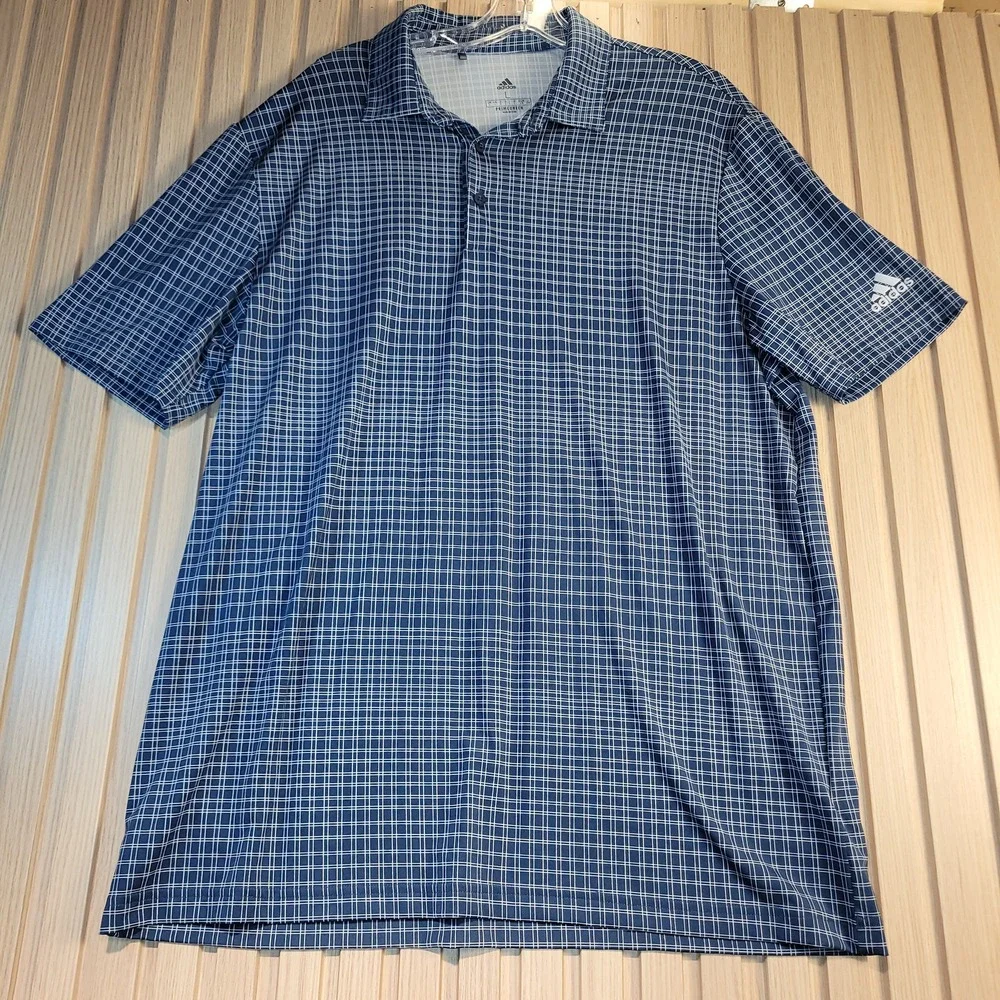 Adidas Mens Primegreen Golf Polo Shirt Navy Blue Grid Check Large Short Sleeve